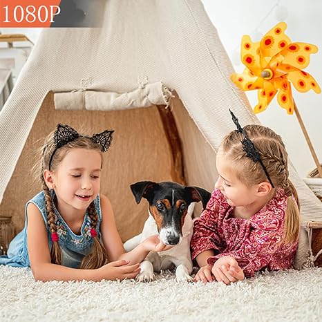 Mini wireless security camera 1080p view over a home play scene with kids and dog