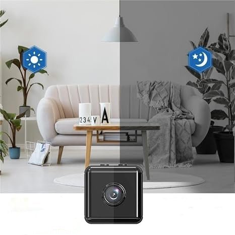 Mini wireless security camera with front lens shown at bottom of an indoor scene