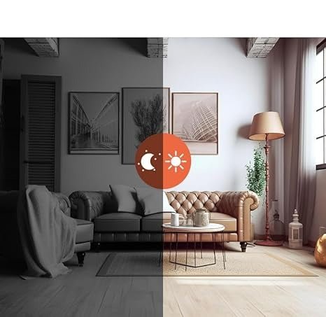 Mini wireless security camera night and day view icons over a living room scene