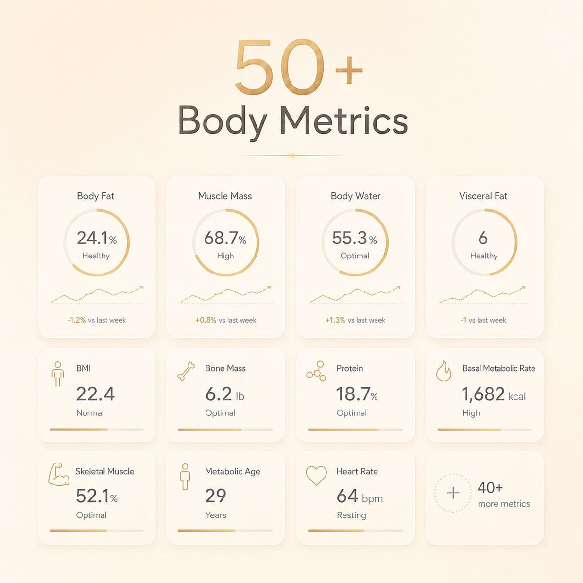 Smart body scale body-metrics dashboard with percentages for body fat, water, and BMI