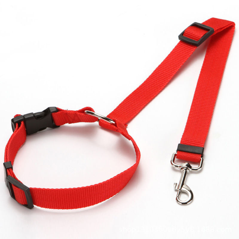 Red adjustable car safety dog leash with buckle strap and metal hook clasp