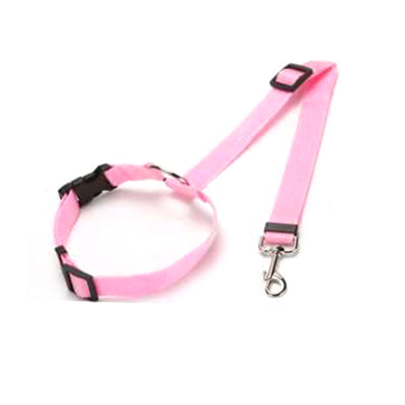 Pink adjustable car safety dog leash with padded strap, buckle, and metal hook