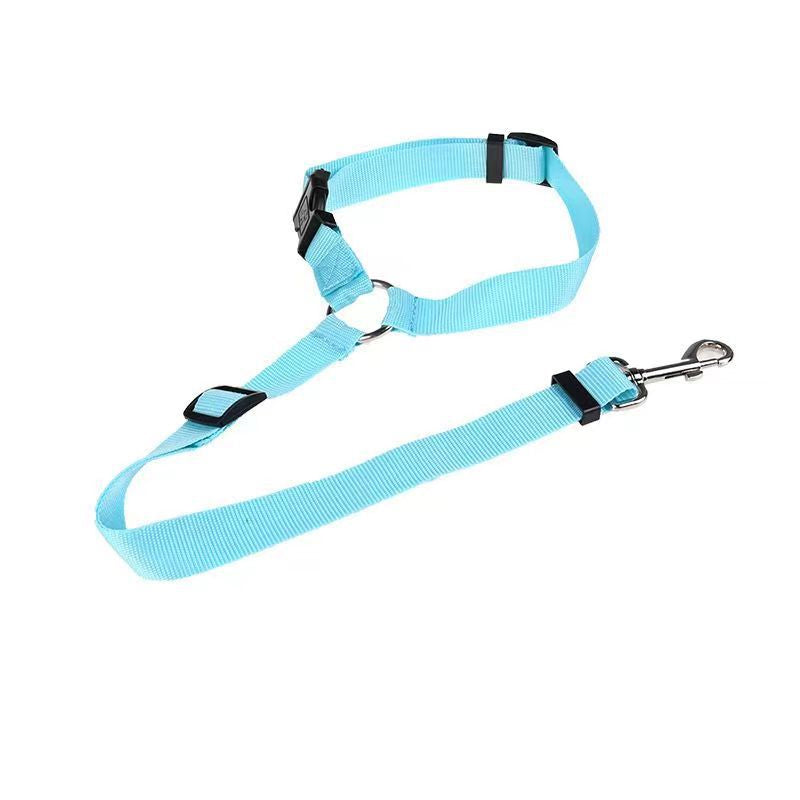 Light blue adjustable car safety dog leash with buckle strap and metal hook