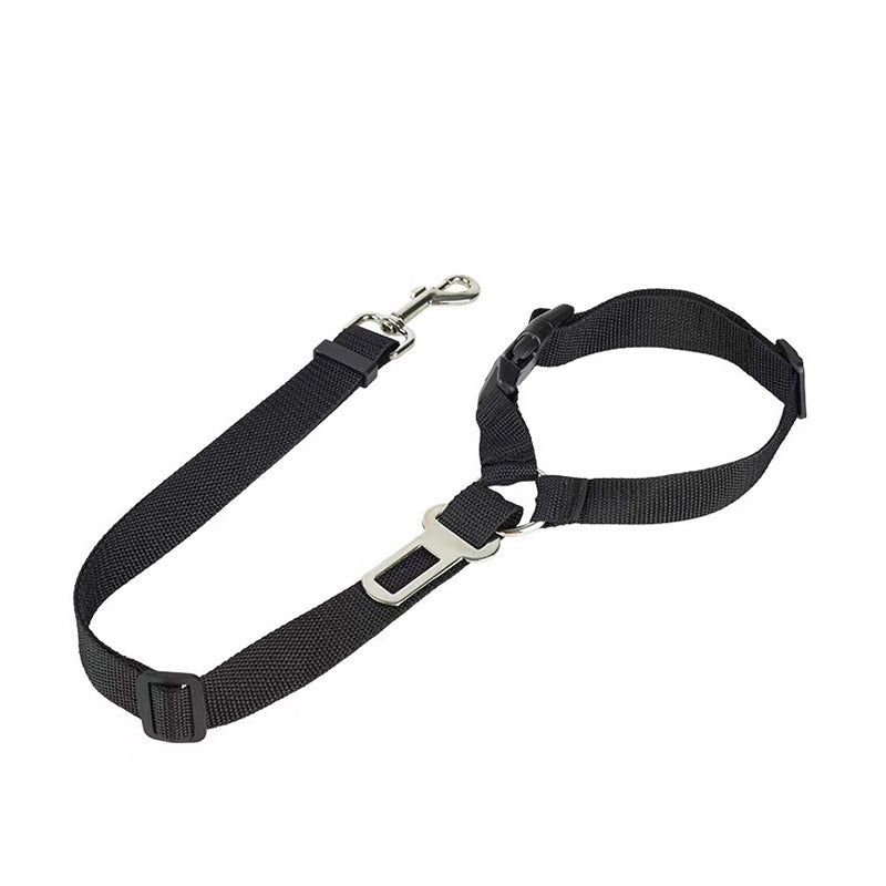 Black adjustable car safety dog leash with buckle strap and metal hook clasp