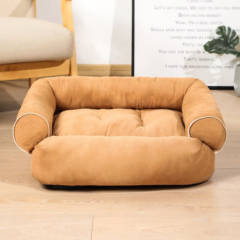 Khaki egg-crate memory foam dog bed with padded bolsters and low curved mattress