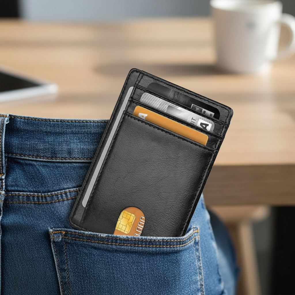 Black leather slim wallet in back jeans pocket, RFID window visible