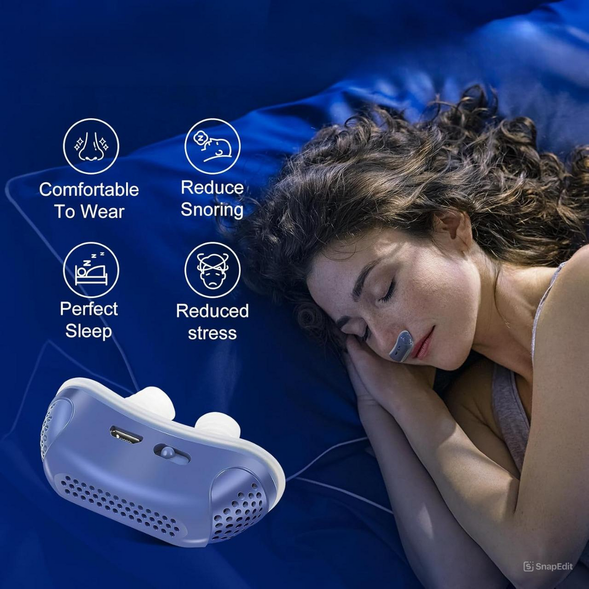 Portable anti-snoring device on nose cup, shown for comfortable sleep use
