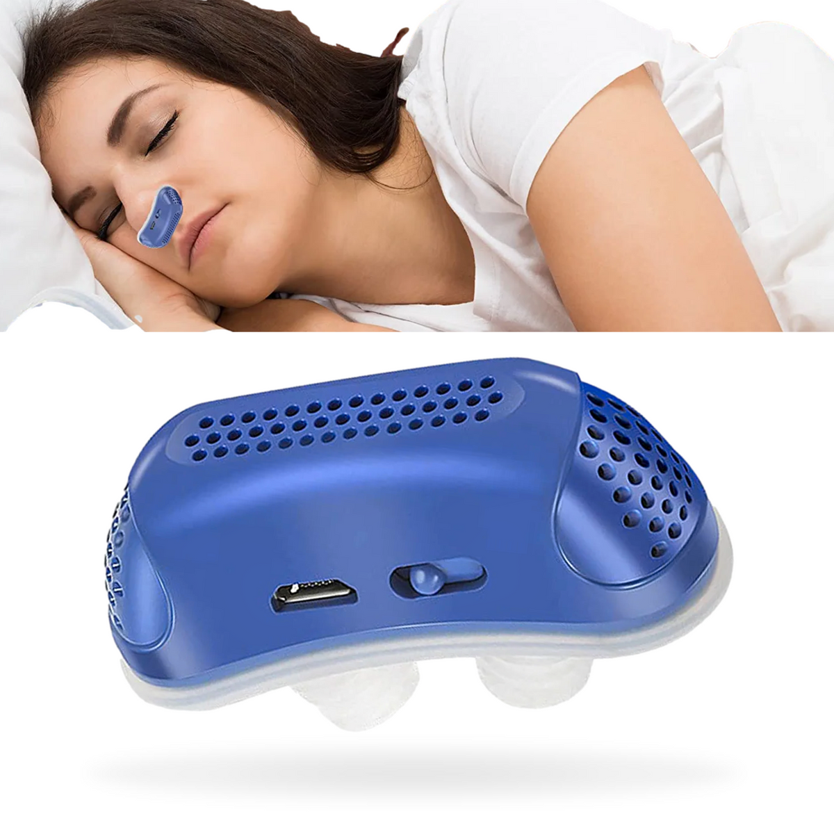 Blue CPAP sleep device with perforated vents and front switch