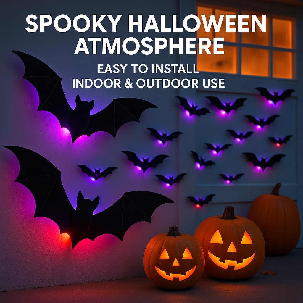 LED Halloween bat decals and jack-o’-lantern yard decorations with purple lights