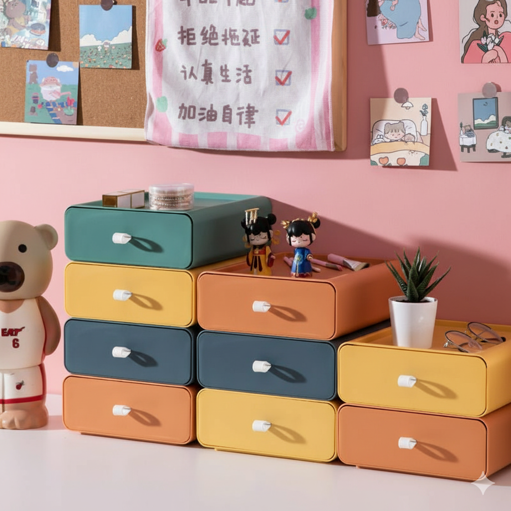 Stackable plastic drawer unit with teal, orange, and dark blue drawers and white pull handles
