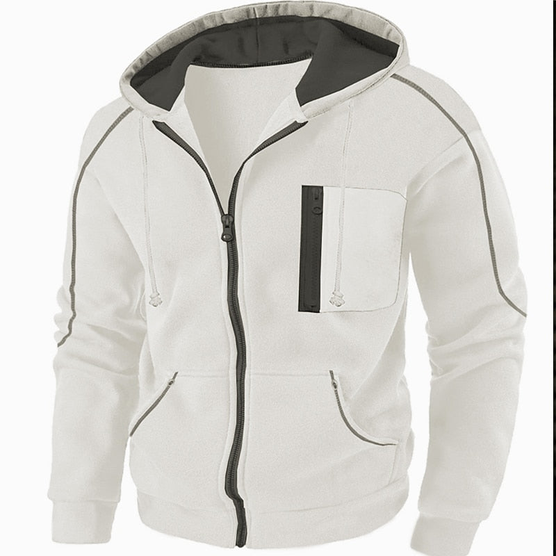 Men's full-zip hooded jacket, white with dark zipper and chest pocket, drawstring hood.