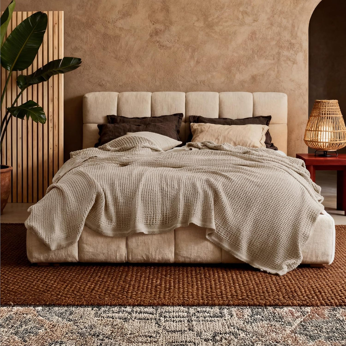 Beige cotton waffle-weave cooling blanket neatly spread over a bed.