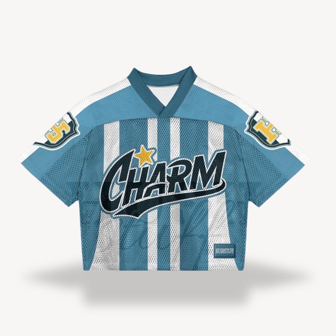 Teal V-neck jersey shirt with striped panels and bold front graphic
