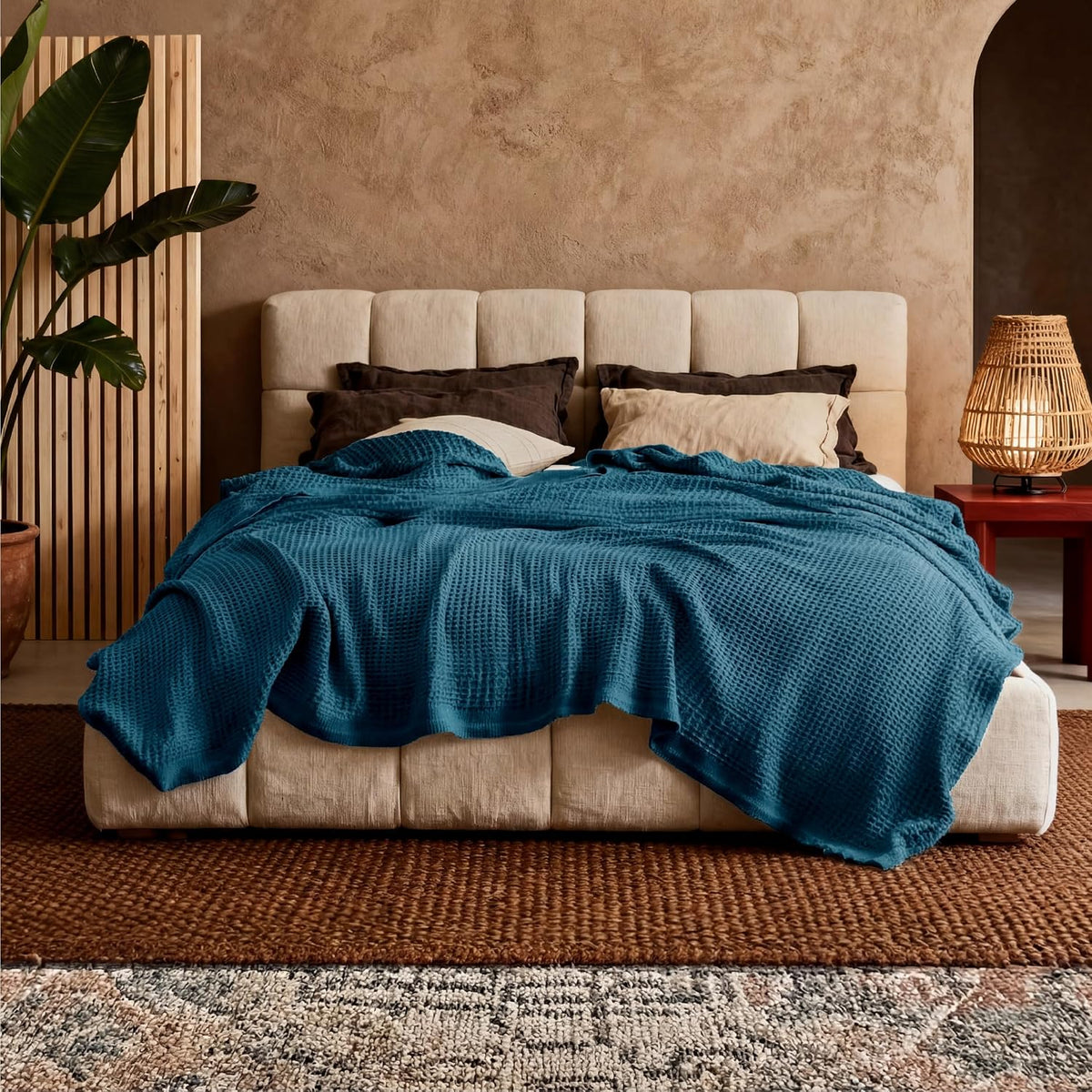 Cotton waffle-weave cooling blanket in teal-blue, spread over a sofa bed