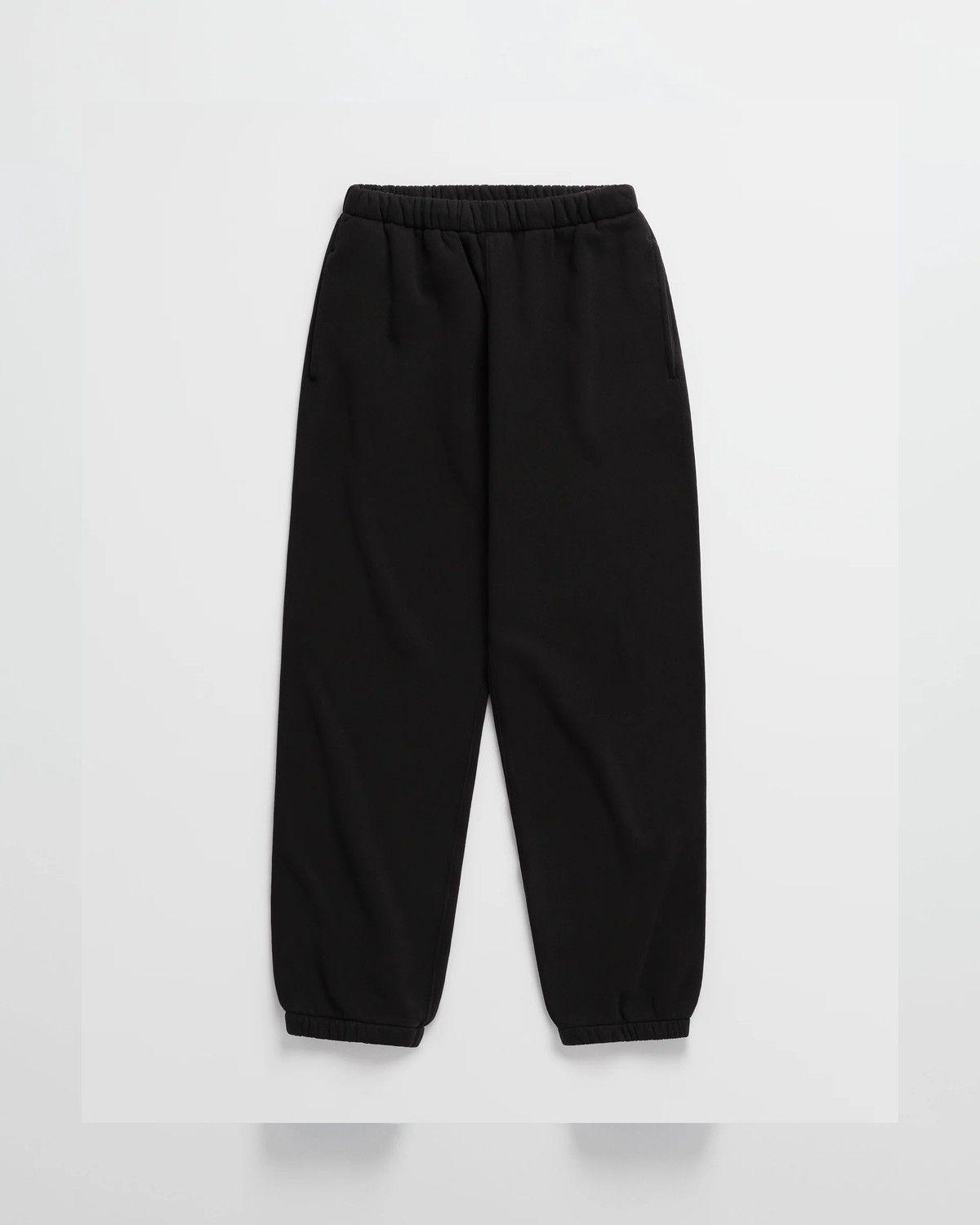 Black sweatpants with elastic waistband and tapered cuffs.