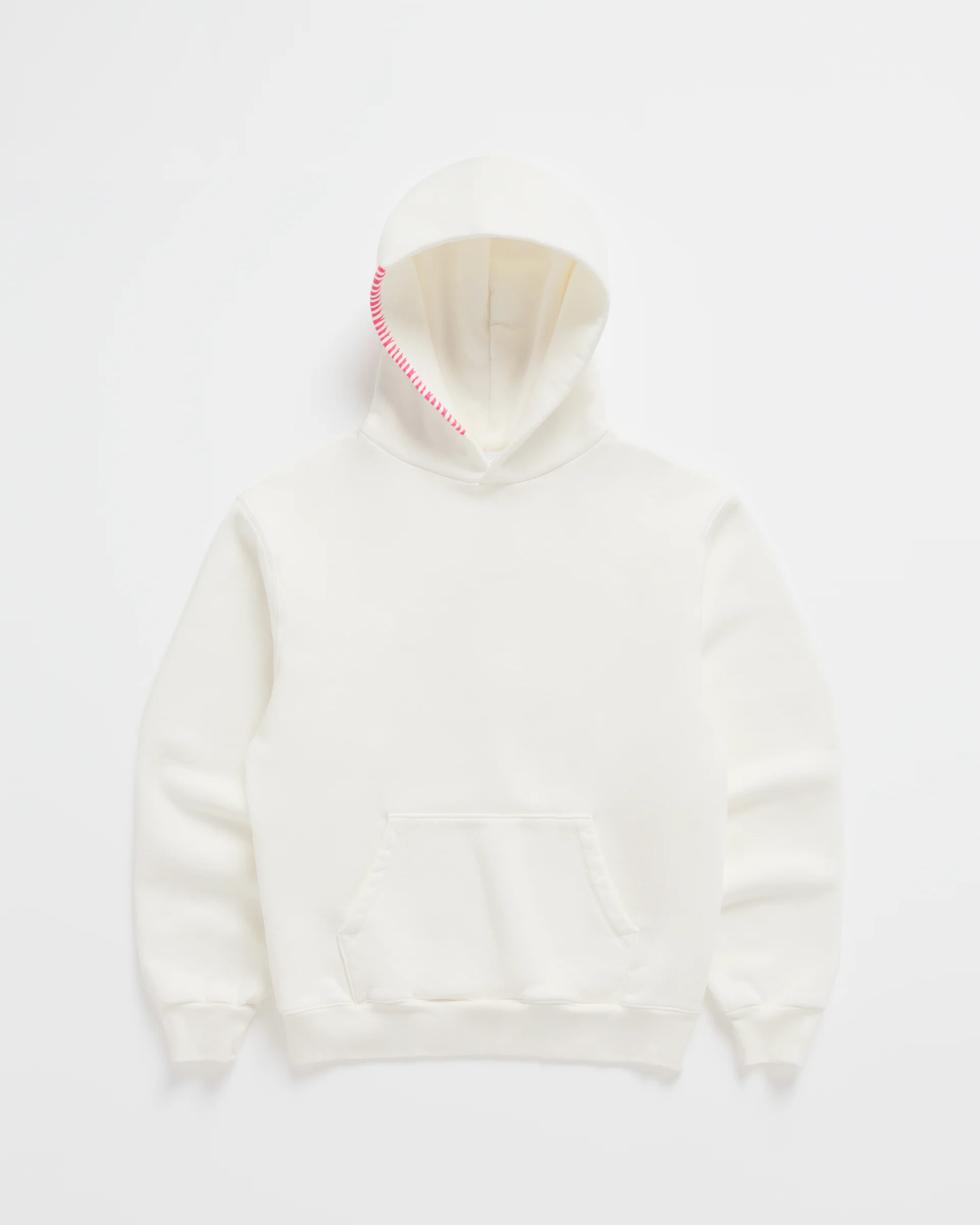 White hoodie with kangaroo pocket and contrast-stitched hood edge.
