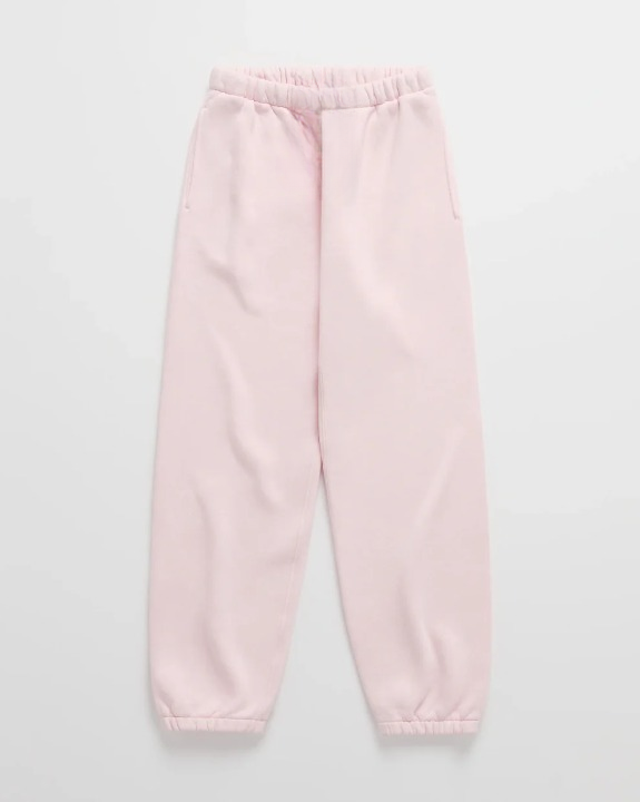 Pink sweatpants with elastic waistband and tapered cuffs.