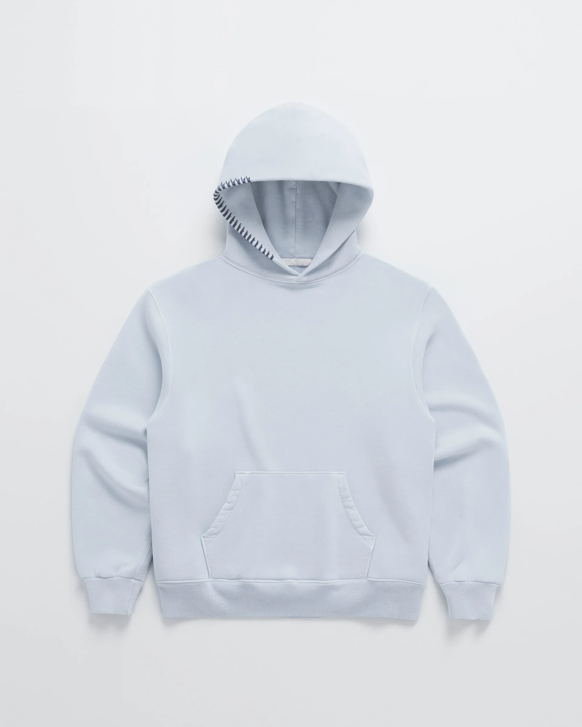 Light blue hoodie with kangaroo pocket and contrast-stitched hood opening.