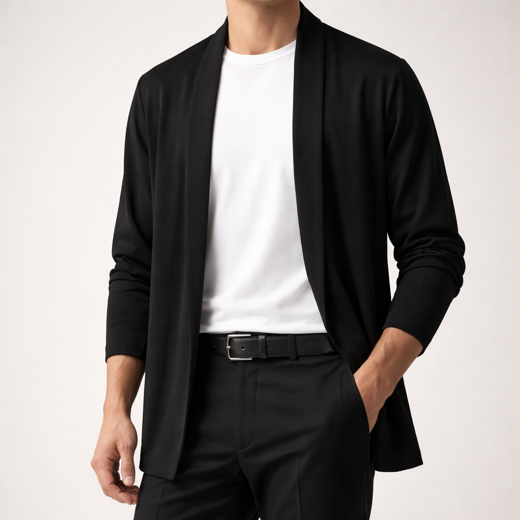 Men's open-front cardigan sweater, black knit with long sleeves and open shawl collar.