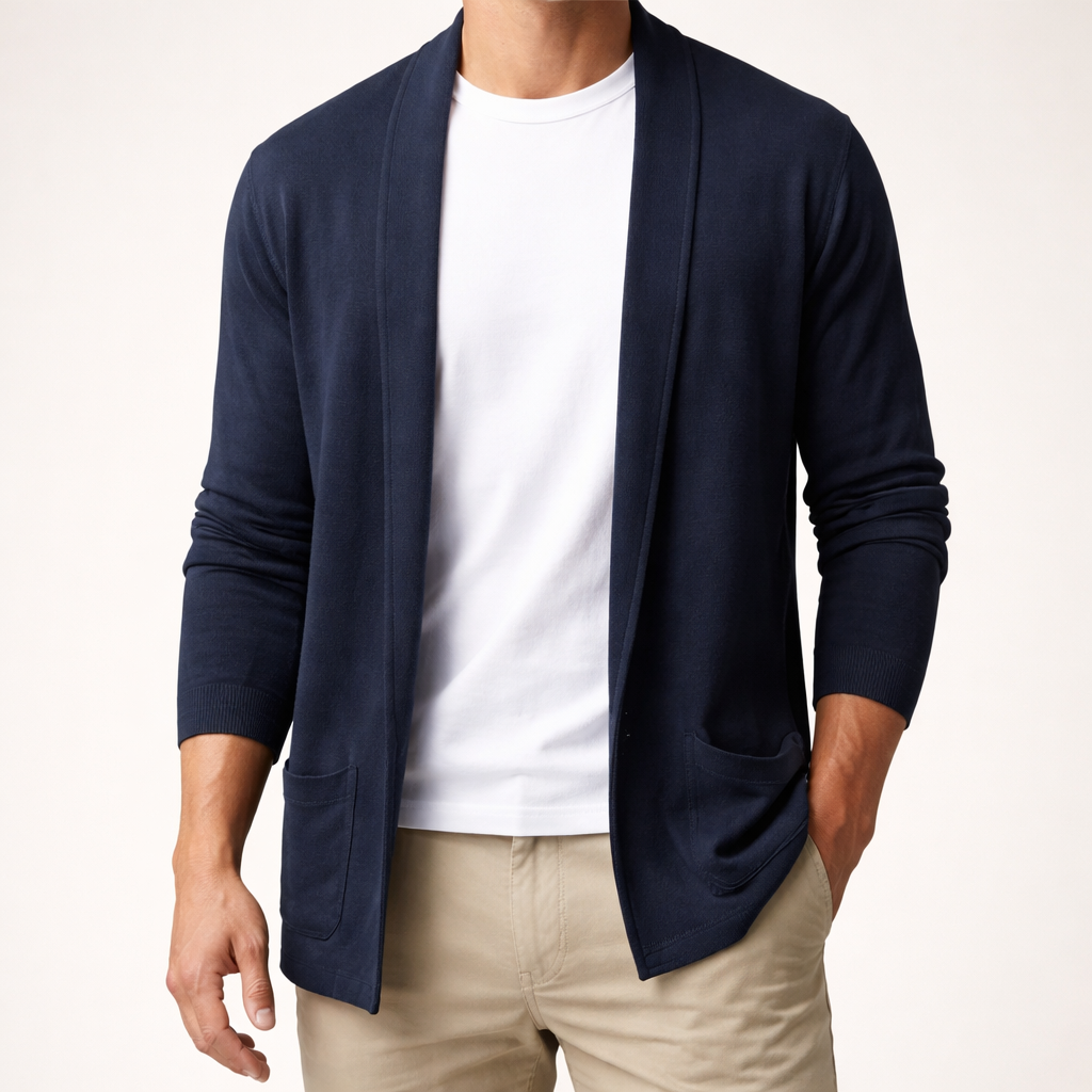 Men's open-front cardigan sweater, navy knit with long sleeves and patch pocket detail.