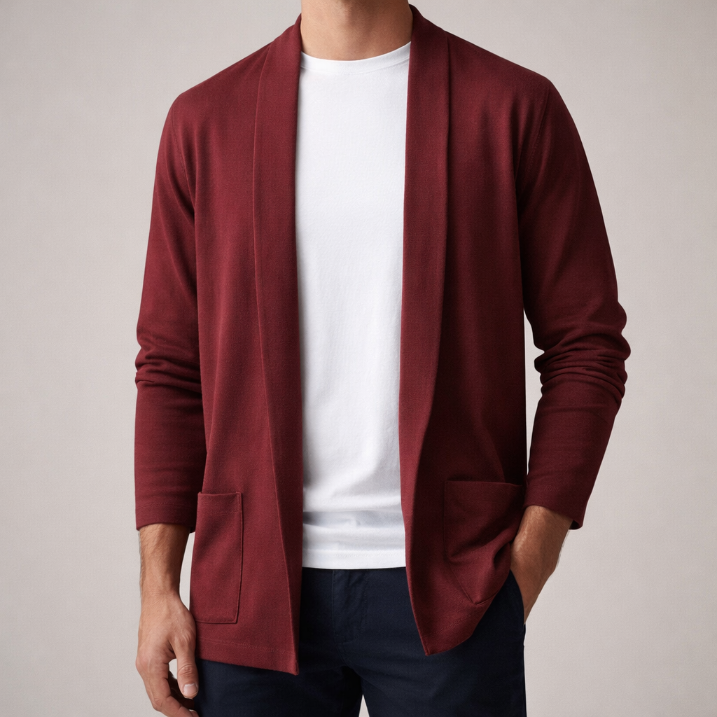Men's open-front cardigan sweater, deep red knit with long sleeves and patch pockets.