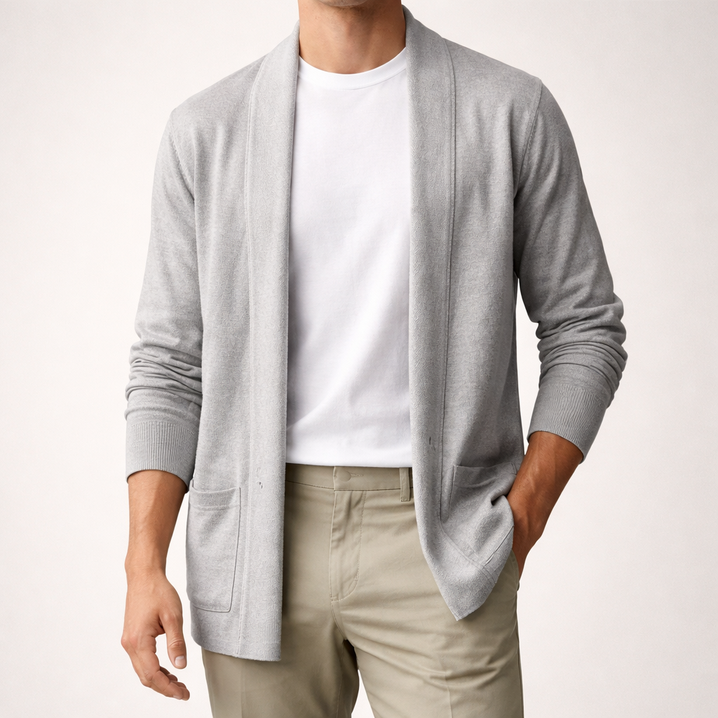 Men's open-front cardigan sweater, light gray knit with long sleeves and patch pockets.