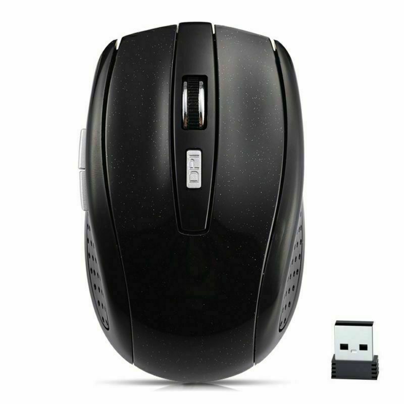 Black wireless optical mouse with scroll button and included USB receiver