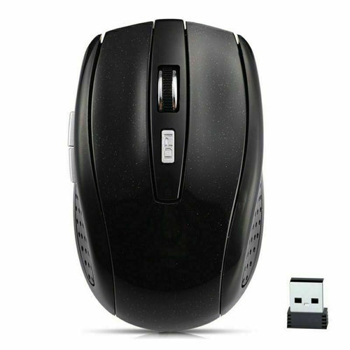 Black wireless optical mouse with scroll button and included USB receiver
