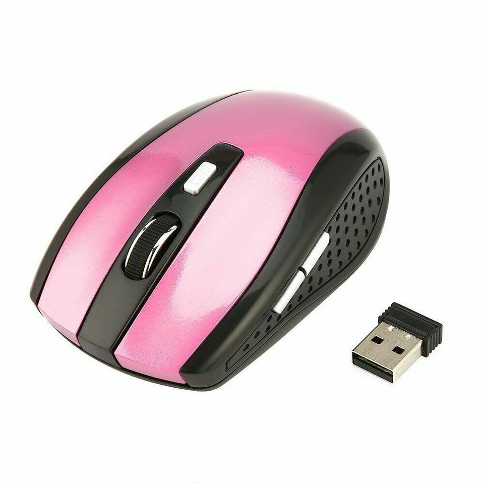 Pink wireless optical mouse with textured grip and included USB receiver
