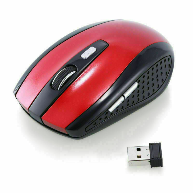 Red wireless optical mouse with scroll button and included USB receiver