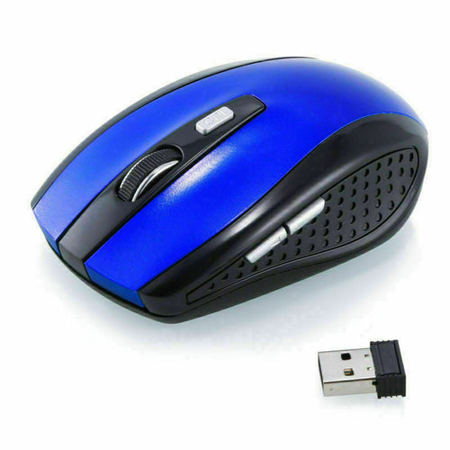 Blue wireless optical mouse with side texture and included USB receiver