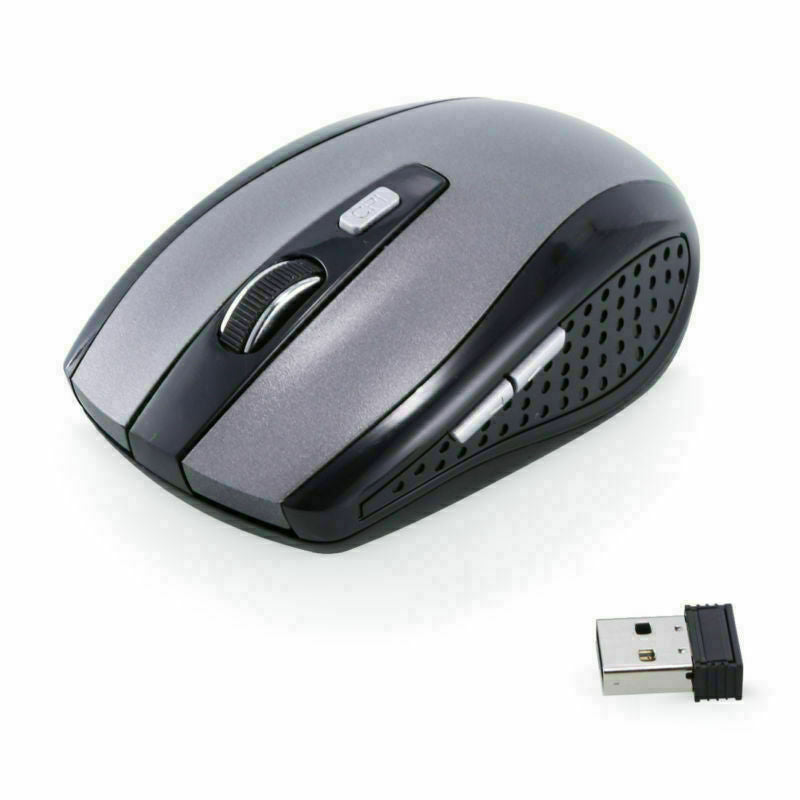 Gray wireless optical mouse with scroll button and included USB receiver