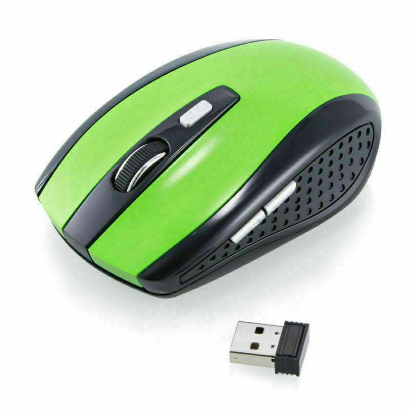 Green wireless optical mouse with textured grip and included USB receiver