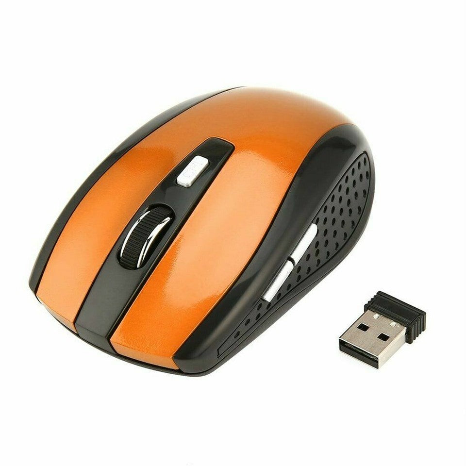 Orange wireless optical mouse with scroll button and included USB receiver