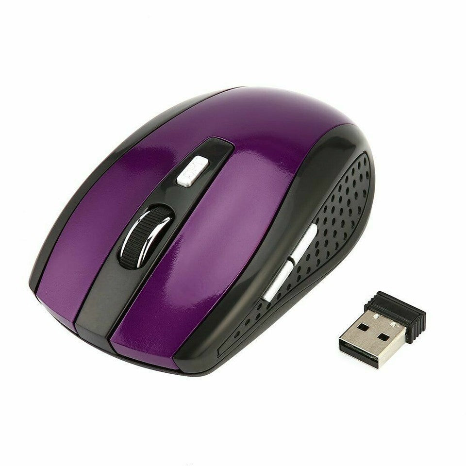 Purple wireless optical mouse with scroll button and included USB receiver