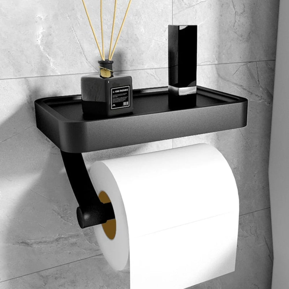 Black aluminum toilet paper holder shelf with top tray and mounted roll arm