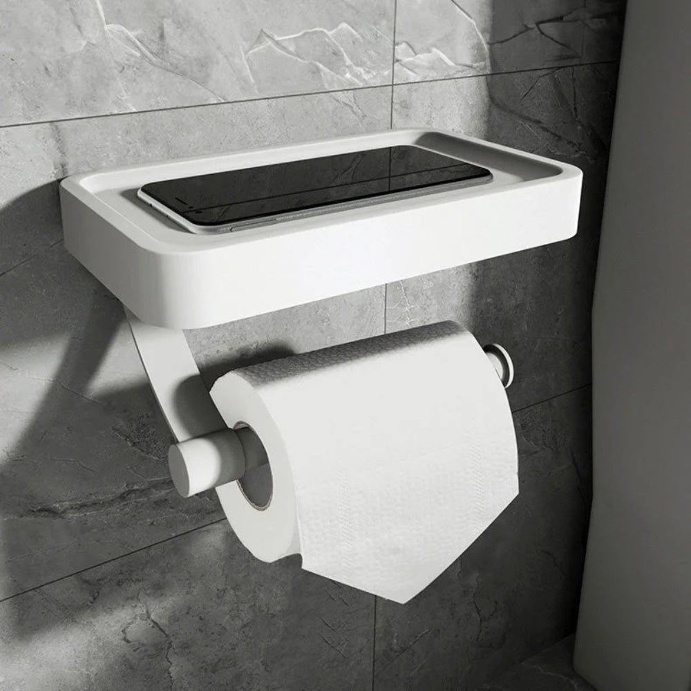Wall-mounted toilet paper holder with a digital scale on a tiled bathroom wall.