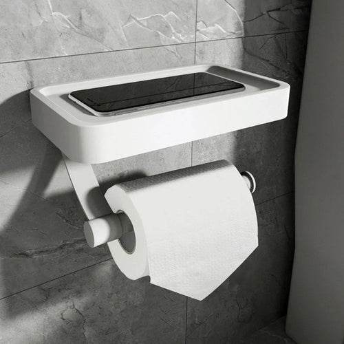 Wall-mounted toilet paper holder with a digital scale on a tiled bathroom wall.