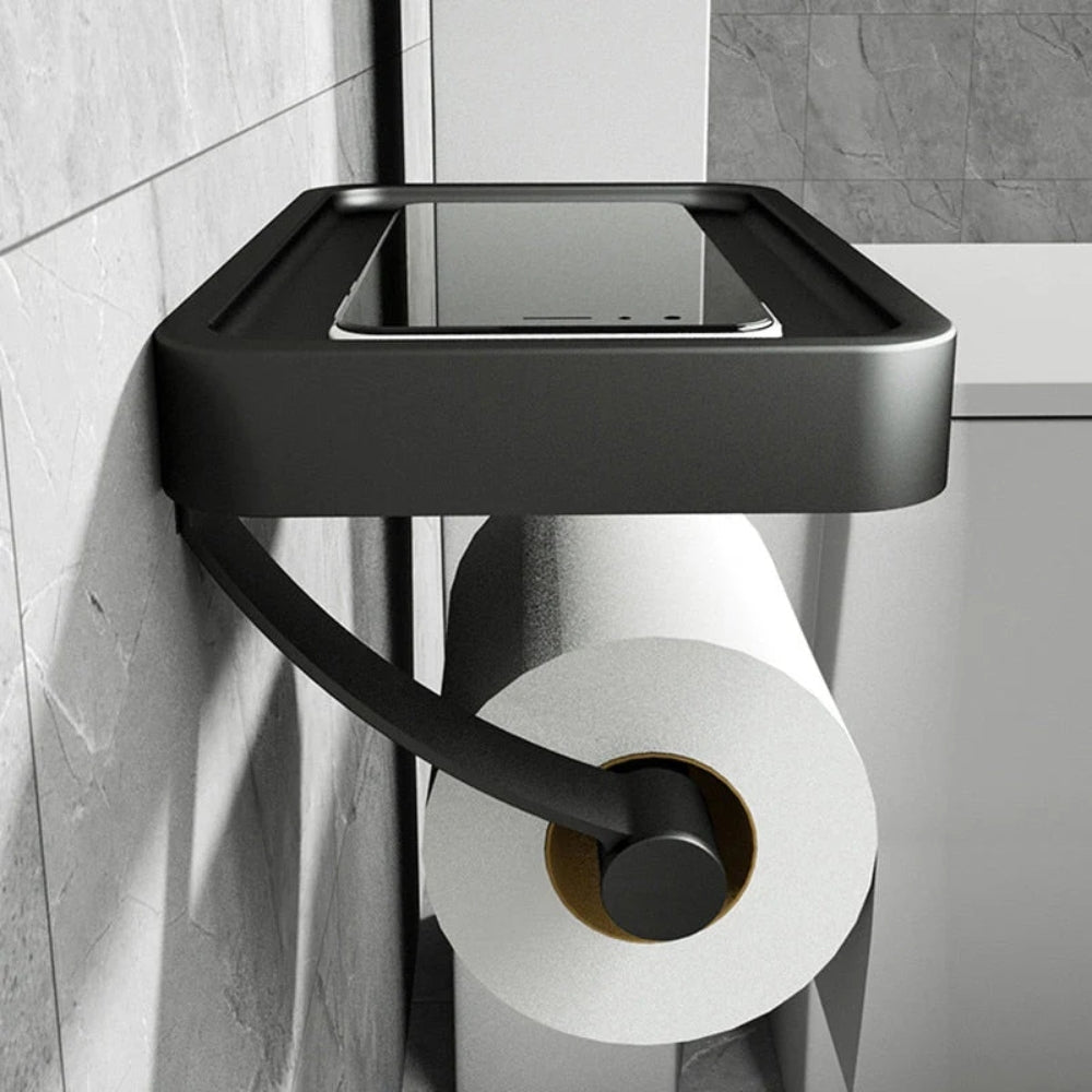 Black aluminum toilet paper holder shelf with recessed top tray and roll holder