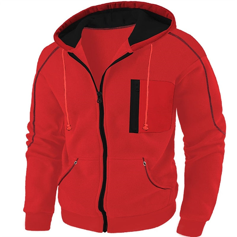 Men's full-zip hooded jacket, red with black hood lining, front zip and chest pocket.