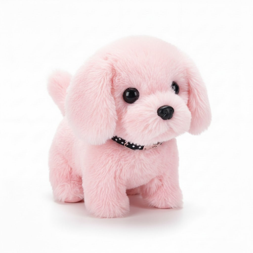 Interactive walking plush puppy, pink fur, seated with black-and-white beaded collar