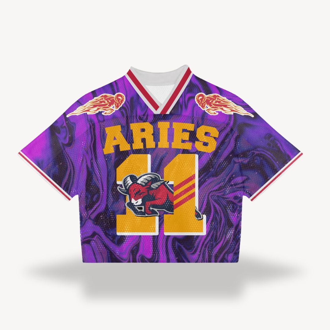 Purple V-neck jersey shirt with 'ARIES' front graphic and flame pattern