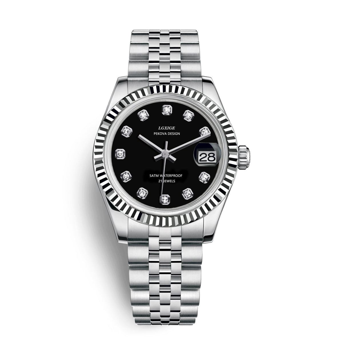 Stainless steel wristwatch with black dial, black bezel detail, and date window