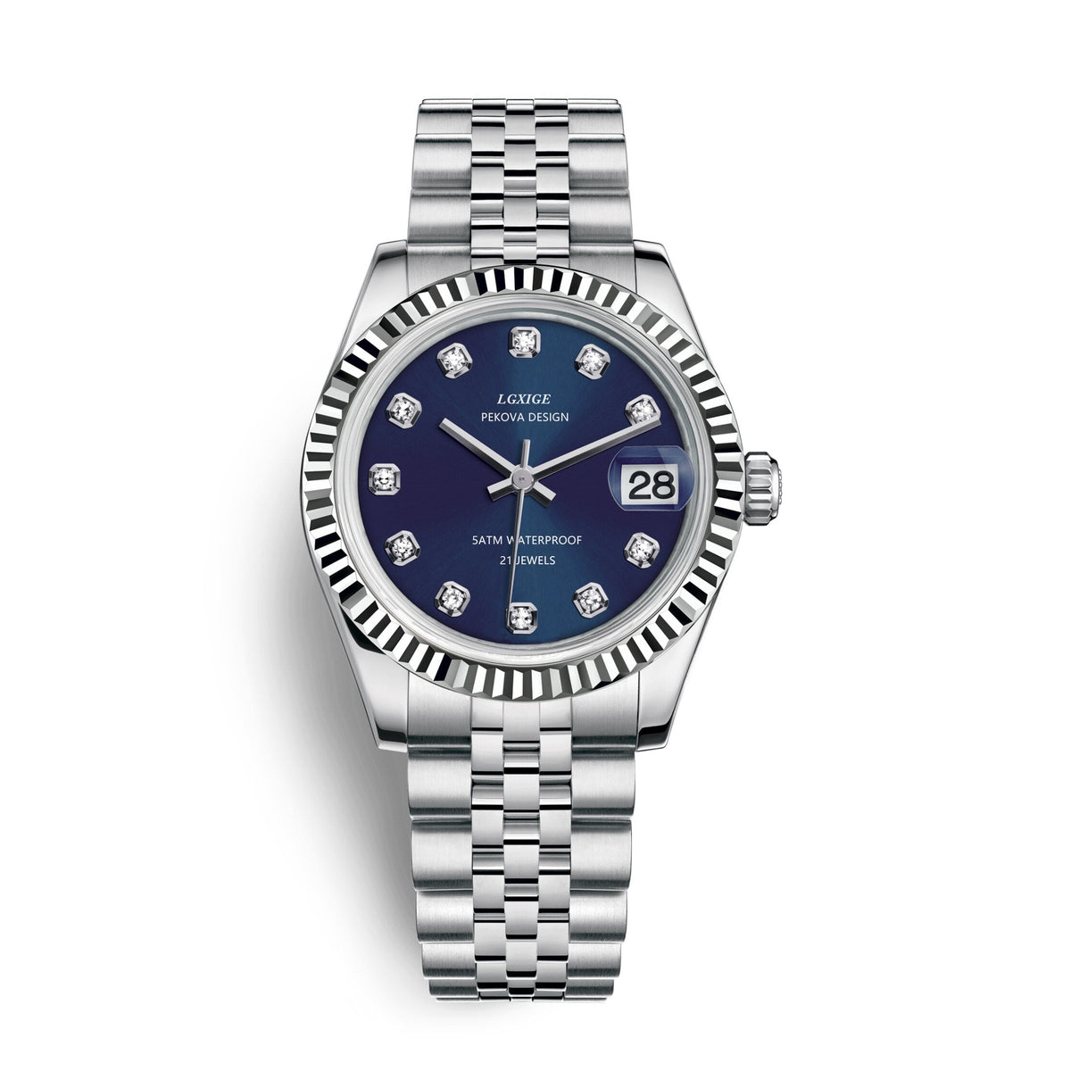Stainless steel wristwatch with dark blue dial, black bezel, and date window