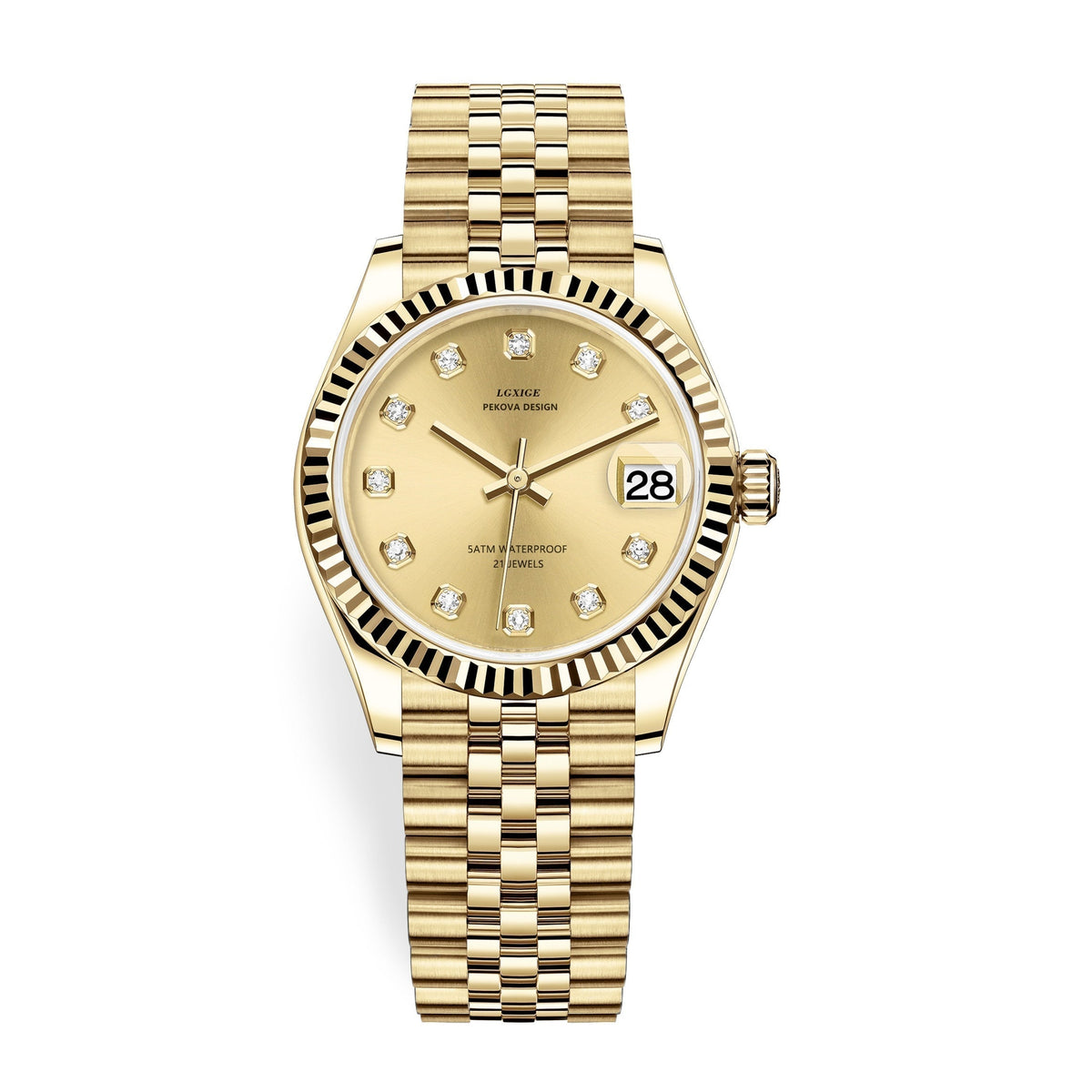 Gold-tone stainless steel wristwatch with gold dial, black bezel, and date window