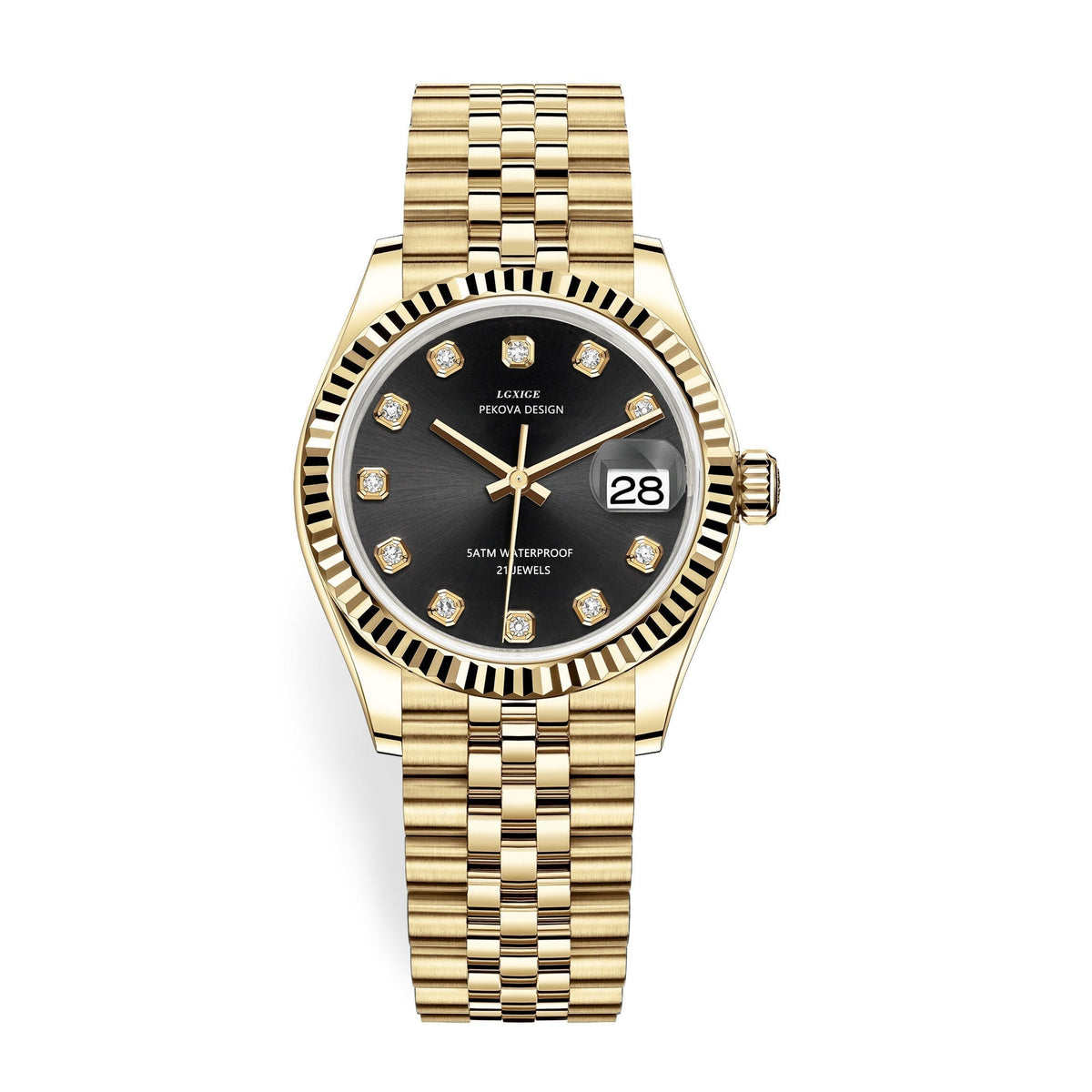Gold stainless steel wristwatch with black dial, diamond markers, and date window
