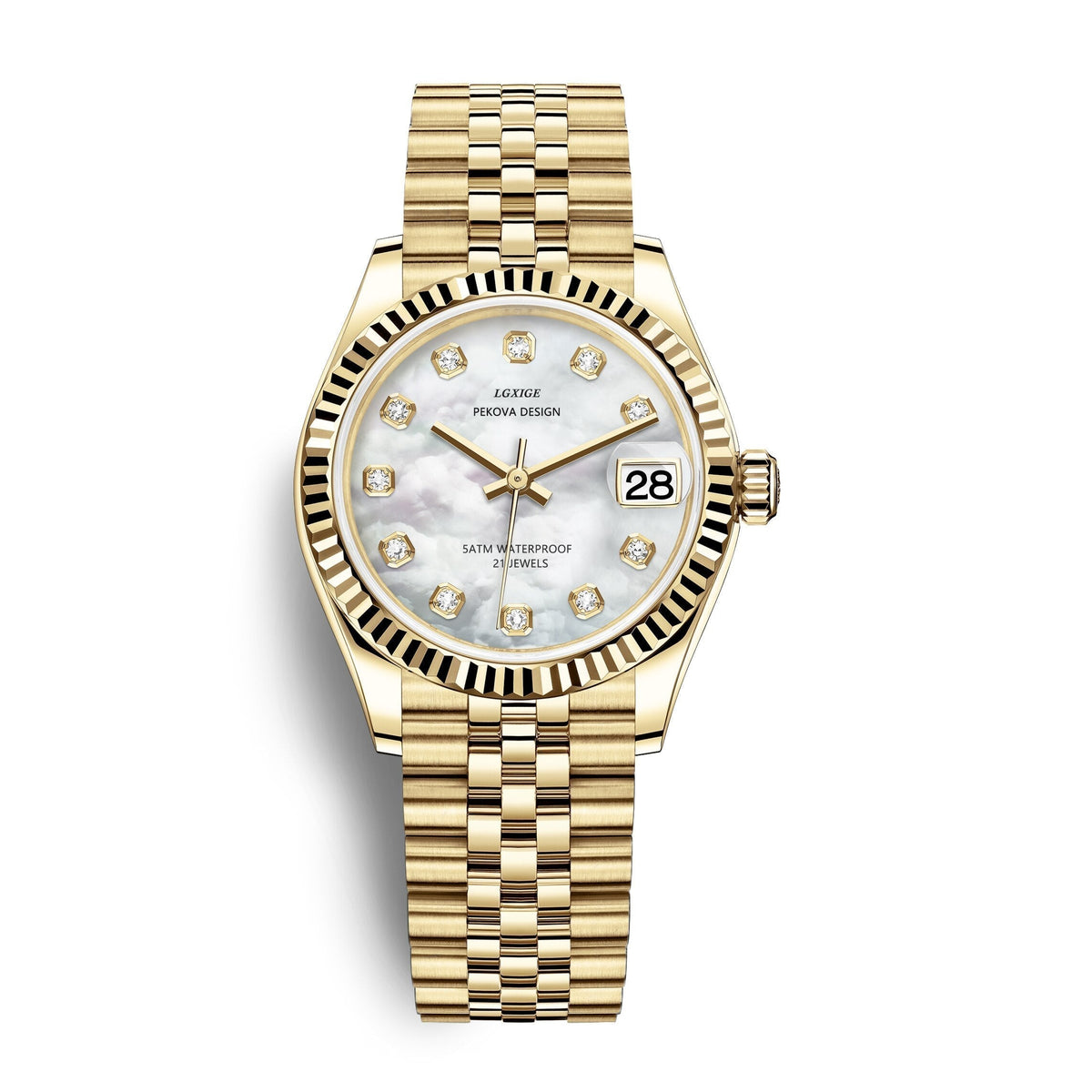 Gold-tone stainless steel wristwatch with white dial, black bezel, and date window