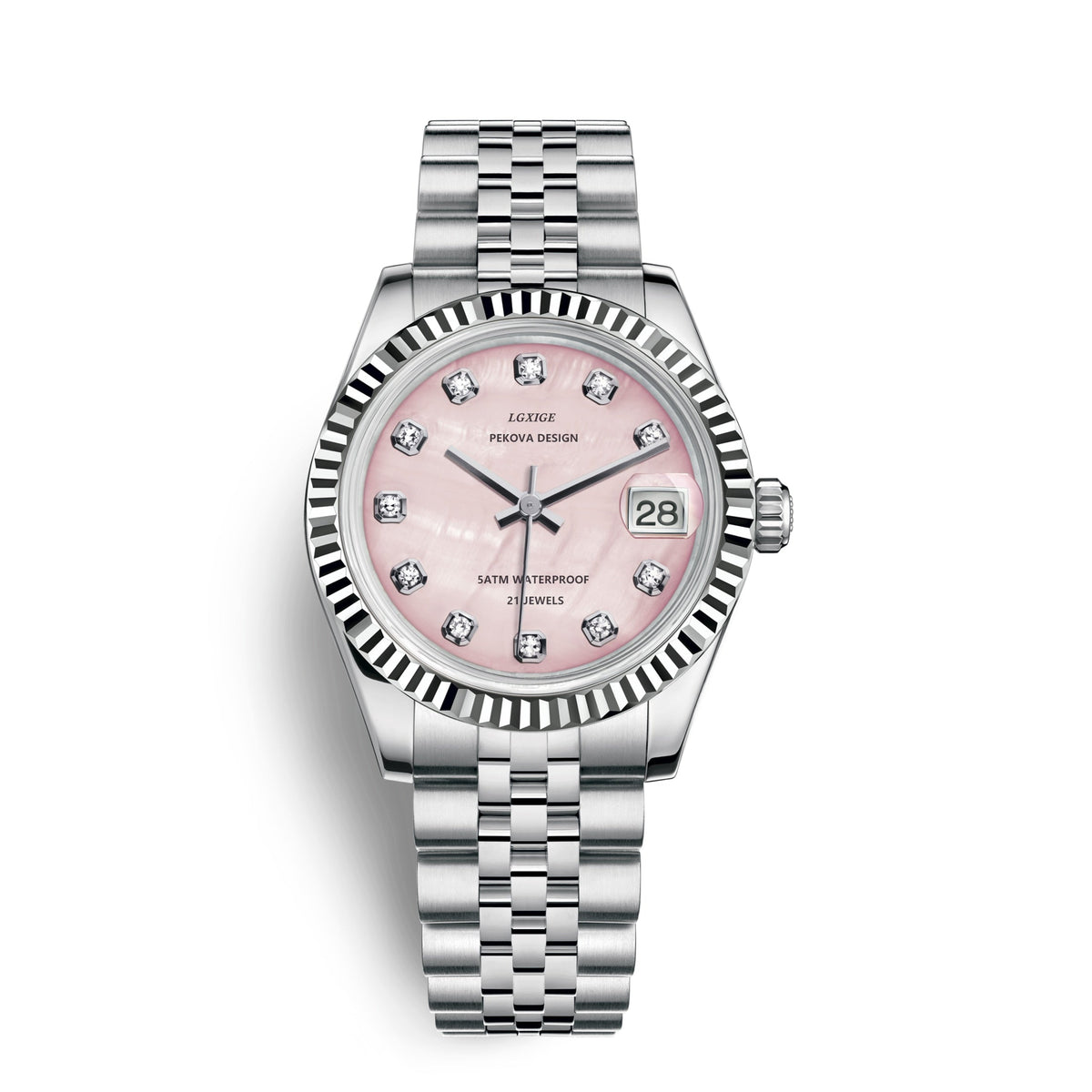 Stainless steel wristwatch with pink dial, black bezel details, and date window