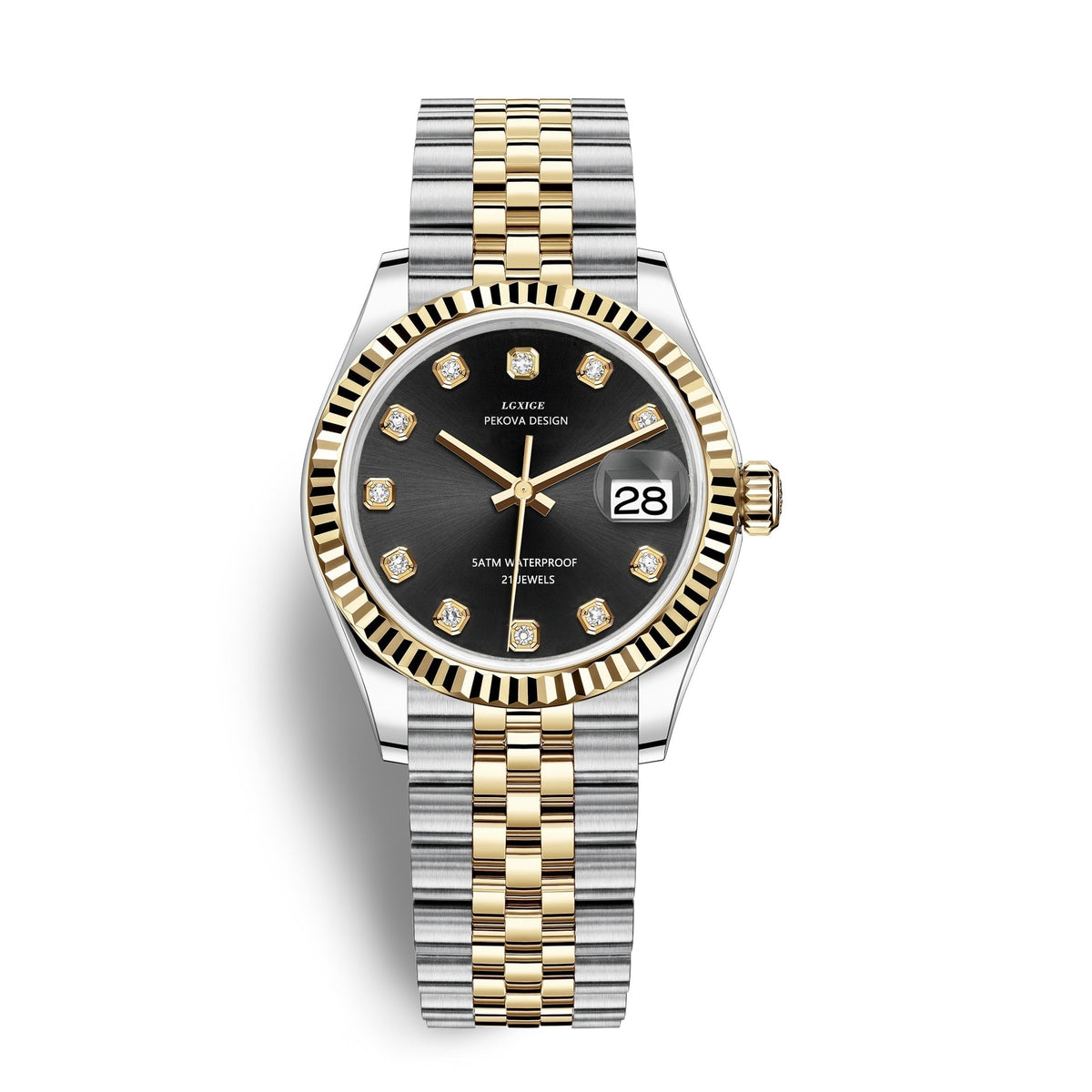 Two-tone stainless steel wristwatch with dark dial, gold bezel, and date window