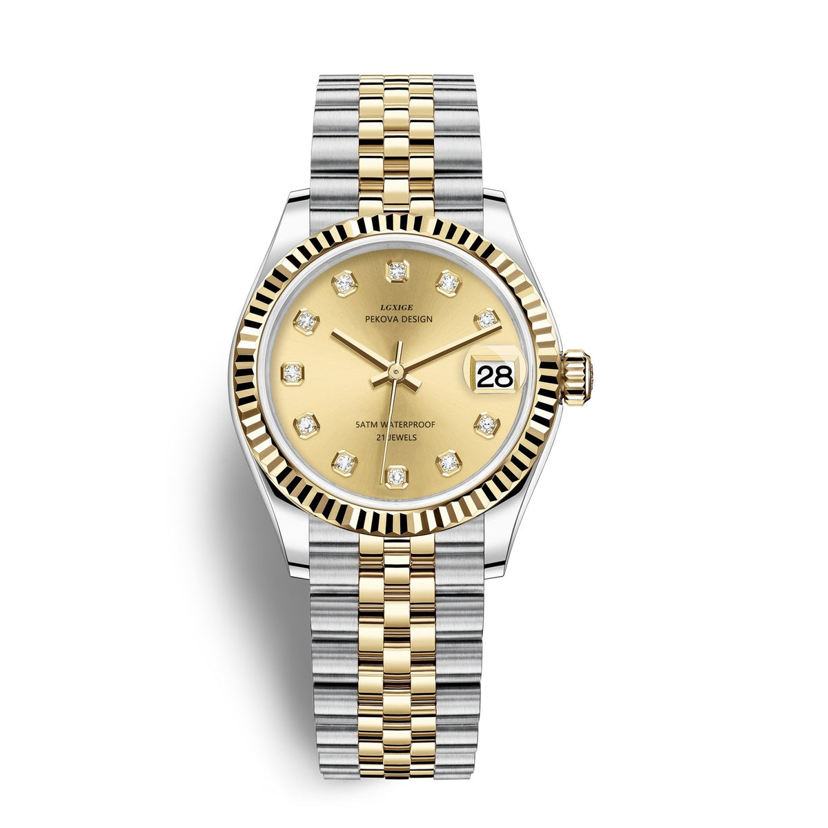 Two-tone stainless steel wristwatch with gold dial, gold bezel, and date window